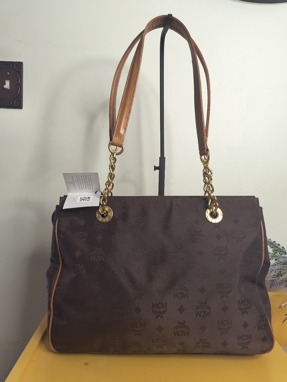 MCM Brown Logo Canvas Shoulder Tote with Gold Chain Handles - Picture 3 of 15